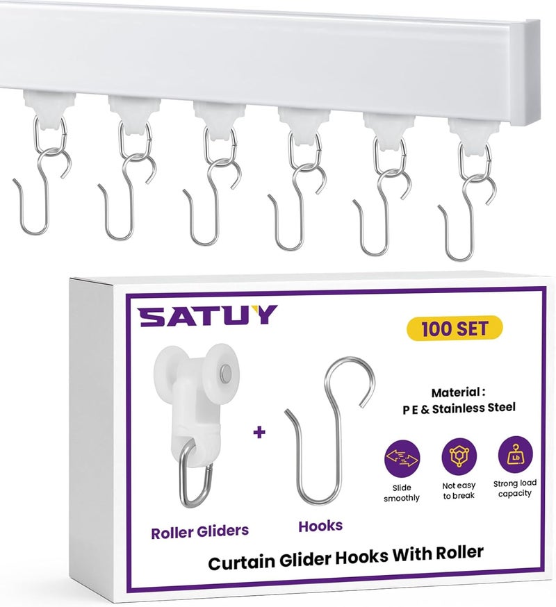 Catuy 200Pcs Curtain Glider Track Hooks, 100 Pieces Hooks and 100 Pieces Roller Gliders, Heavy Duty Mute Wheel Curtain Glider Hooks for Universal Ceiling Drapes Shower Curtains Window Treatments - Image 1